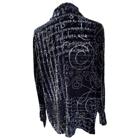 Vintage 90s Black Velvet Burnout Script Print Top Silk Blend Semi Sheer Boho L - Picture 8 of 16